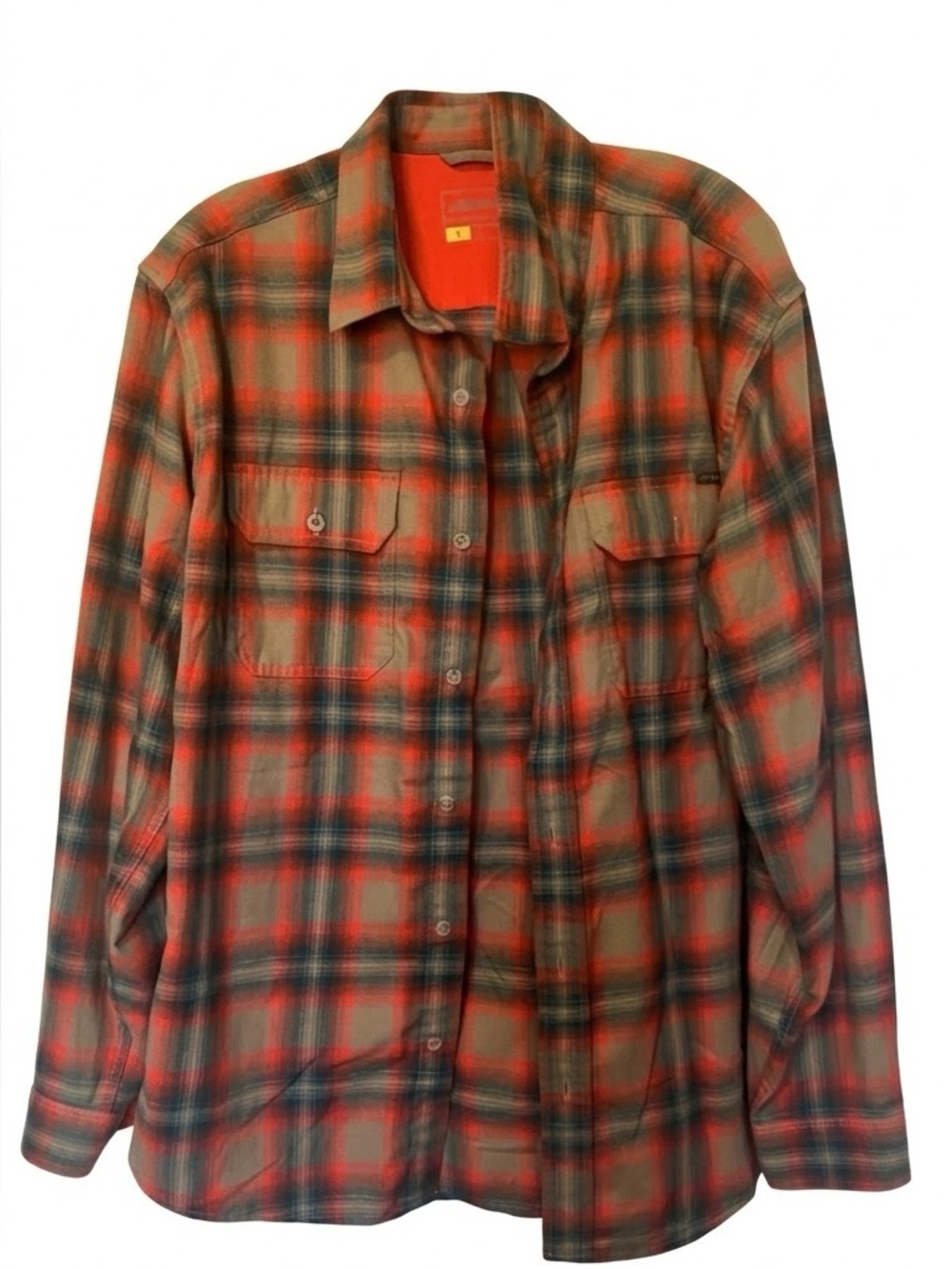 Eddie Bauer Plaid Flannel Button Up Shirt Long Sleeve Orange Blue Mens Large